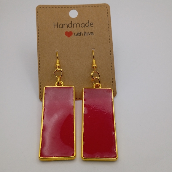 Handmade Jewelry - Women's Handmade Red Resin Rectangle Dangle Bezel Fish Hook Earrings